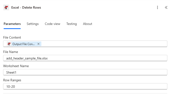 Die Power Automate PDF4me Excel-Aktion „Zeilen löschen“ zeigt die Felder „Dateiinhalt“, „Dateiname“, „Arbeitsblattname“ und „Zeilenbereiche“ an.